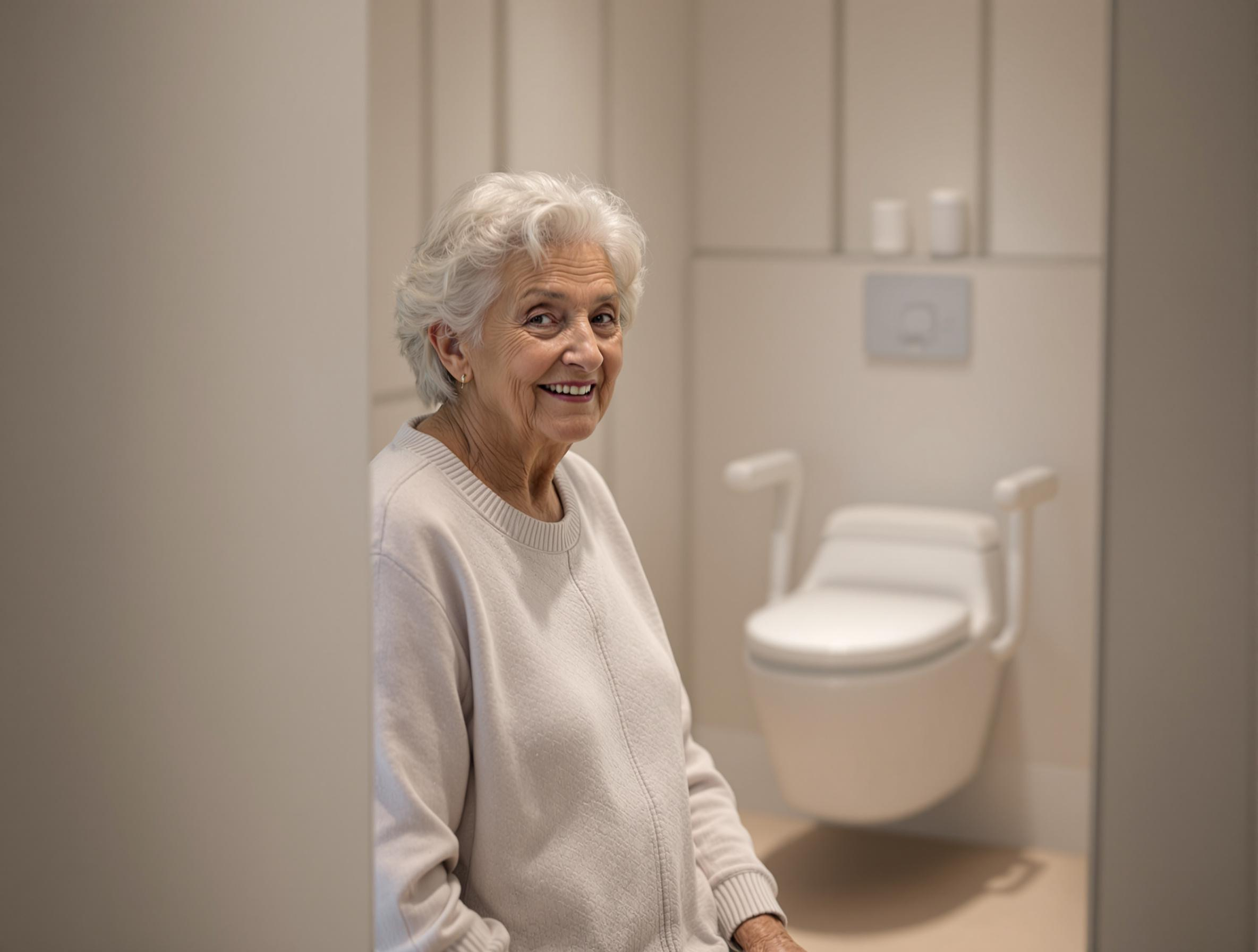 The image features an elderly woman seated in a well-lit, modern bathroom setting. She has a warm smile and is dressed casually in a light-colored sweater. The focus of the image shifts between her and the surrounding bathroom elements that showcase contemporary craftsmanship. In the background, there is a white, accessible toilet equipped with safety armrests, indicating thoughtful design aimed at comfort and usability for individuals with mobility challenges. These armrests are seamlessly integrated into the toilet’s structure, highlighting an emphasis on ergonomic craftsmanship. The walls of the bathroom are lined with elegant paneling, painted in a soft tone, contributing to a clean and minimalist aesthetic. The lighting is soft and even, enhancing the inviting atmosphere of the space. Two cylindrical candle holders are placed on a shelf above the toilet, adding a touch of warmth and decor. The overall environment exudes a balance of functionality and aesthetics, reflecting modern design principles in crafting spaces that are both beautiful and user-friendly. The craftsmanship evident in fixtures and finishes emphasizes attention to detail, safety, and accessibility, creating a harmonious space for its users.