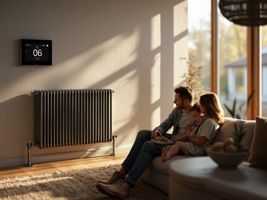 You create images for websites of craftsmen. You create images based on the analysis of content, expertise in craftsmanship, customer service, and marketing. Create an image that matches the following user prompt: Create a photorealistic image that depicts a modern, efficient heating system installed in a cozy living room. The image should feature a sleek, state-of-the-art radiator with a digital thermostat on the wall displaying an optimal temperature. Sunlight should stream through a large window, highlighting the warmth and comfort of the room. Include elements like a soft sofa and a family enjoying time together, emphasizing the reliability and effectiveness of their new heating system under a maintenance contract. The ambiance should feel inviting and warm, showcasing the benefits of a well-maintained heating solution.