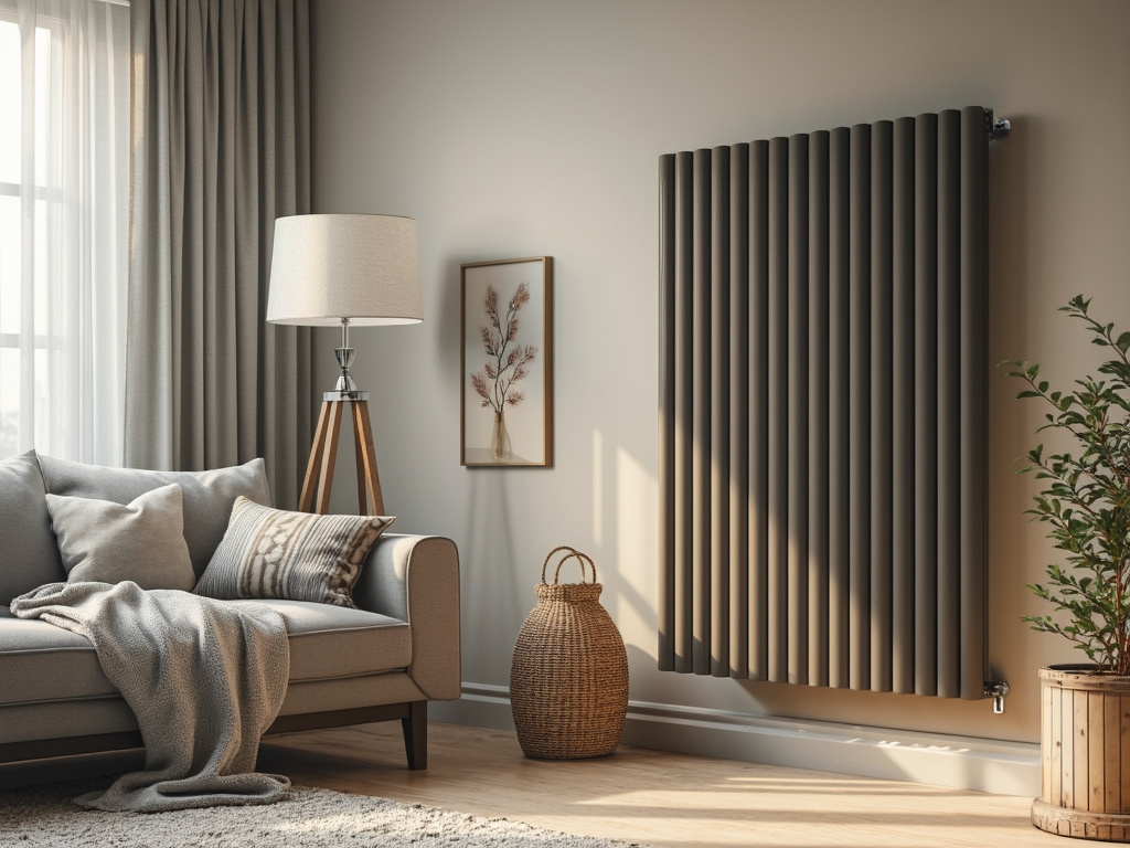 You create images for websites of craftsmen. You create images based on the analysis of content, expertise in craftsmanship, customer service, and marketing. Create an image that matches the following user prompt: Generate a photorealistic image of a modern living room featuring a newly installed, sleek and stylish radiator as the focal point. The radiator should be in a contemporary design, reflecting efficient heating technology. Surrounding the radiator, depict a warm and inviting atmosphere with soft, ambient lighting. Include cozy furnishings, such as a plush sofa and decorative pillows, along with a well-decorated wall. The room should convey comfort and modernity, showcasing a perfect blend of functionality and aesthetic appeal after the radiator repair service, creating a sense of warmth and satisfaction in the space.