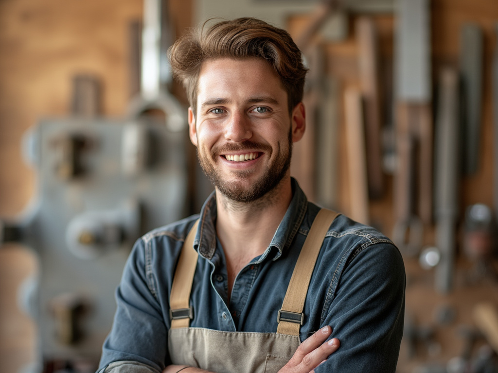 The image will be at the head of a website. A craftsman smiles into the camera. The topic of the image is 'Wartungsvertrag'. Do not use this topic if it is unrelated to a service a craftsman offers.